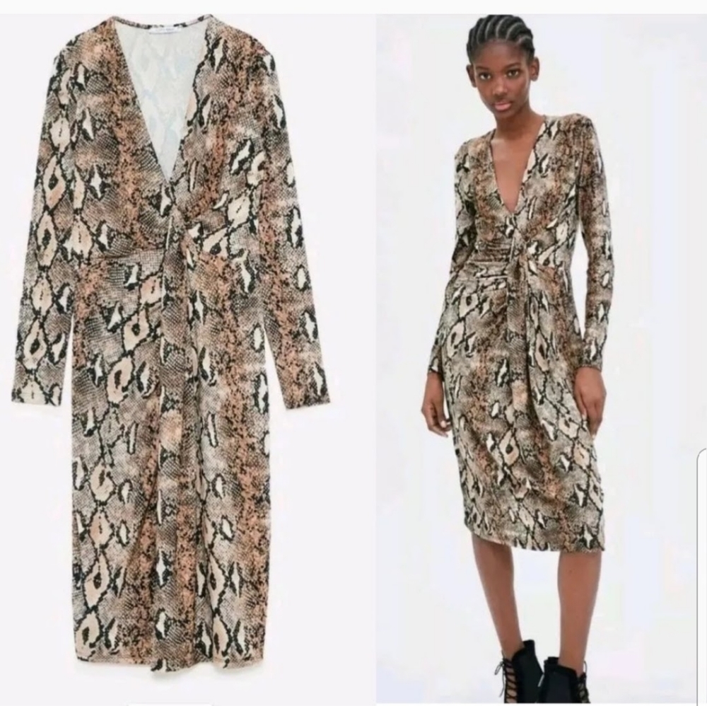 Zara Snake Print Long Sleeve Dress in Brown & Black